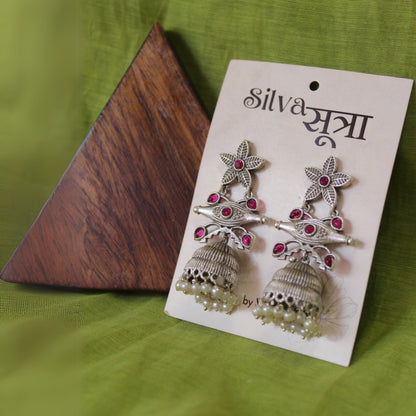 Silva Sutra Silver Floral Jhumka Pearls