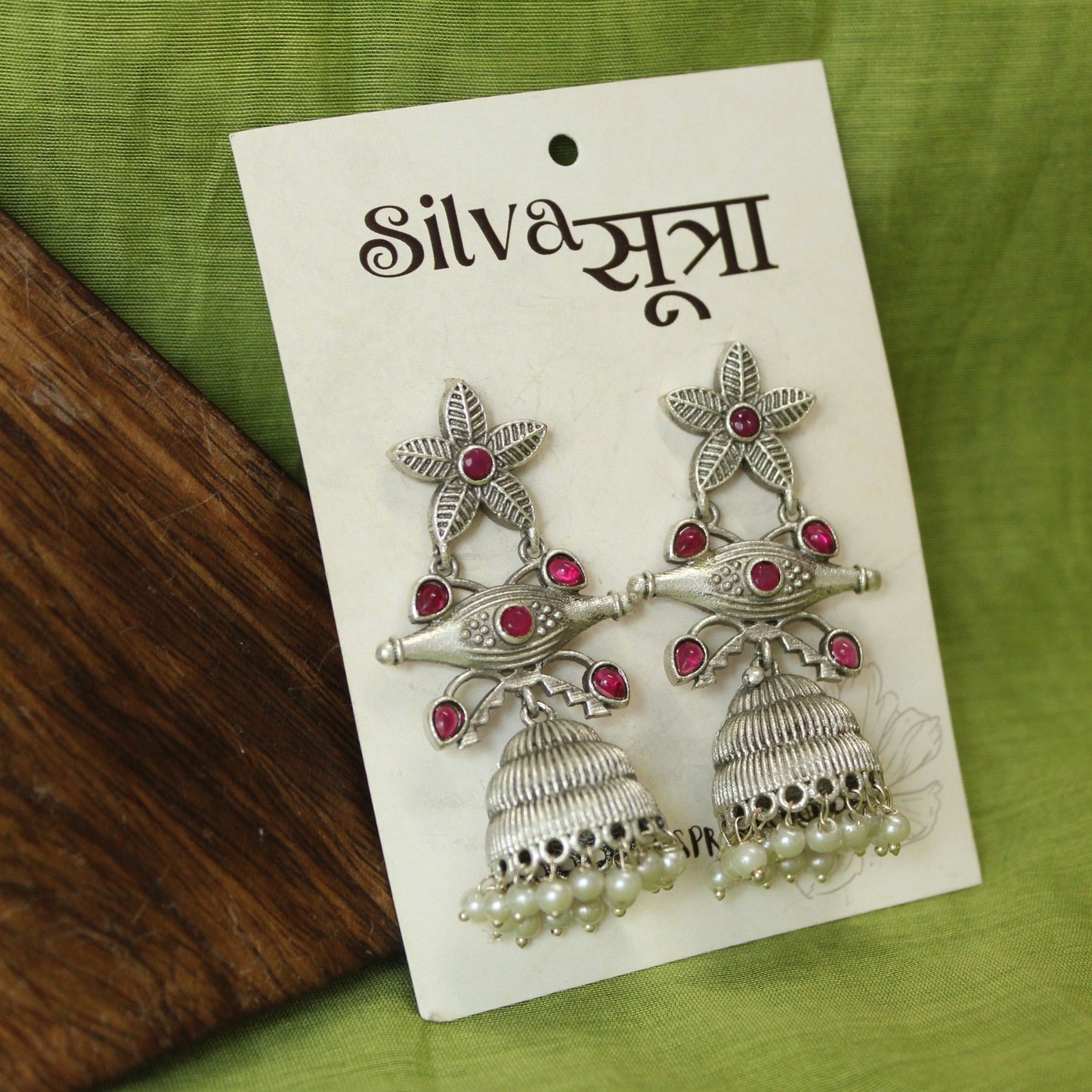 Silva Sutra Silver Floral Jhumka Pearls